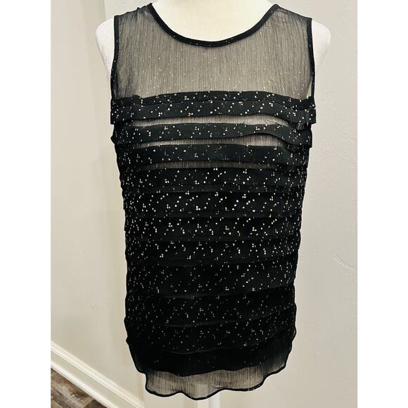 LOFT Tops - LOFT Women’s Sleeveless Tiered Gold Metallic Black Sheer Top Size XS (A0132)